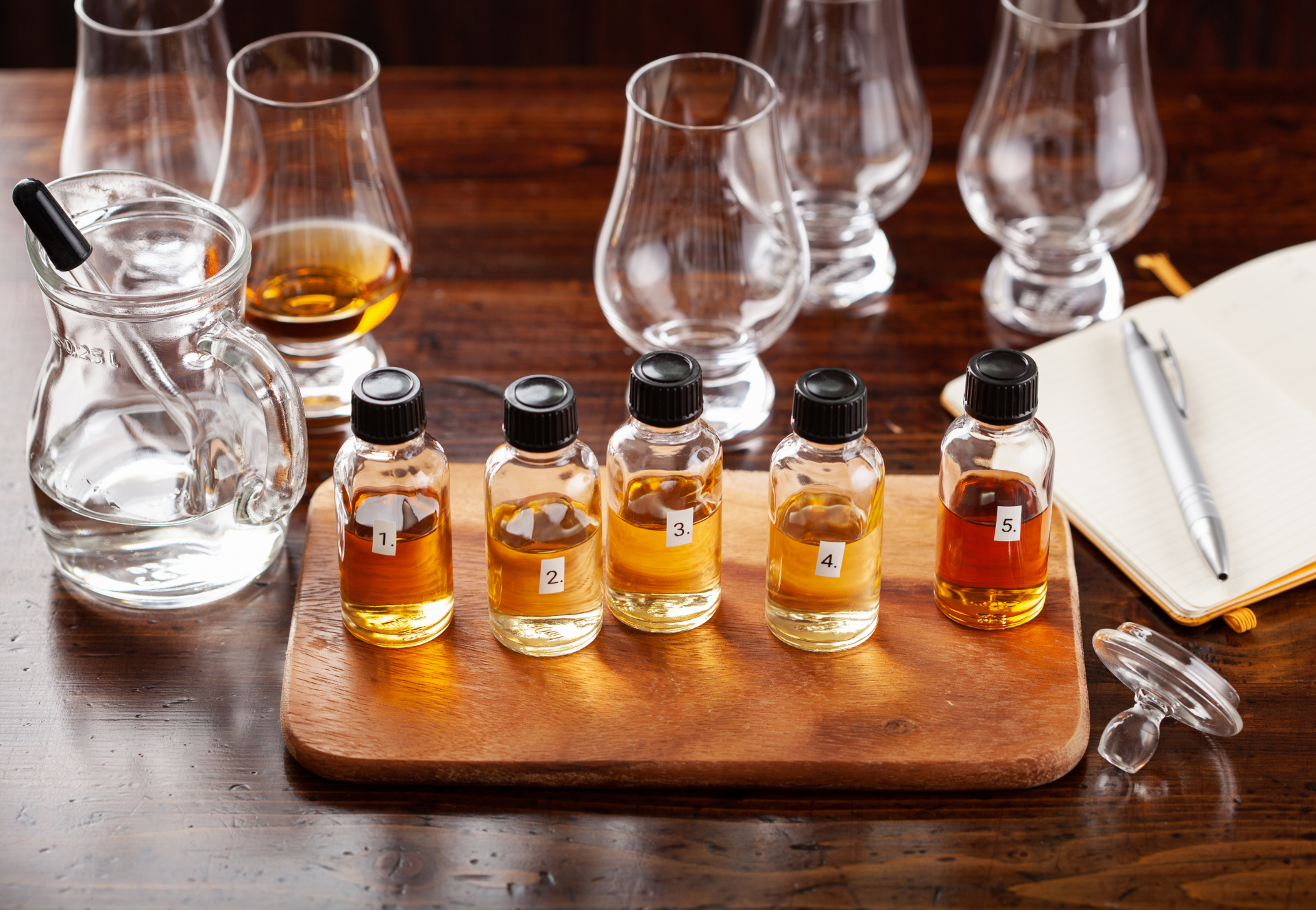 Echantillons des whisky lors d'une dégustation et d'un assemblage